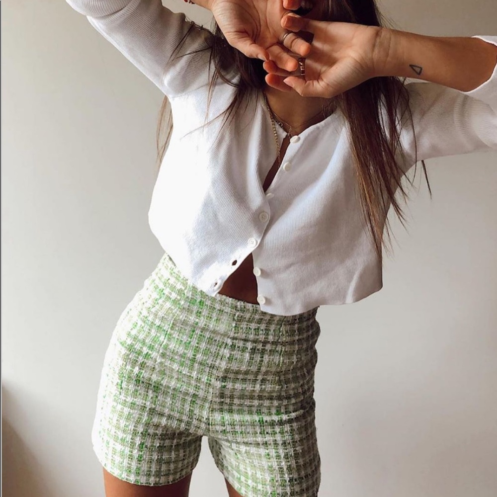 NWT Zara Green & White Tweed High Waisted Shorts - Picture 5 of 16